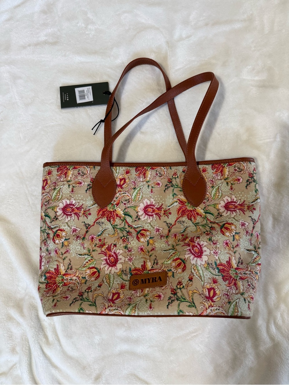 Myra Bag Beige Floral Canvas Tote with Brown Trim